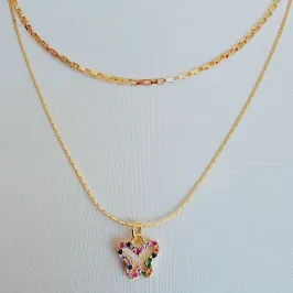 Colar Choker Dupla c/ Borboleta Zircônia Color