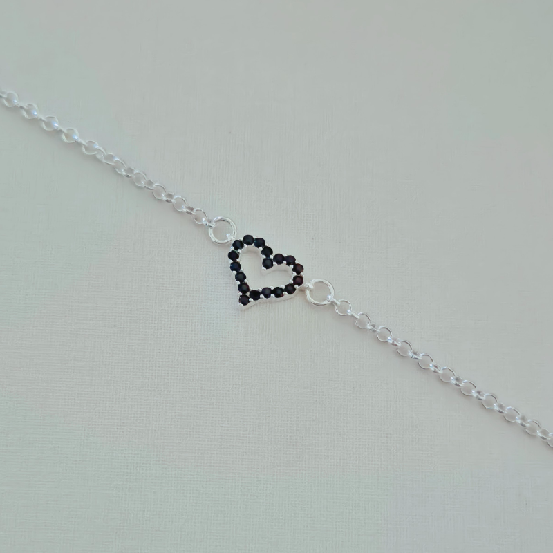 Pulseira Coração com Pedras Elo Português Ônix - Prata 925