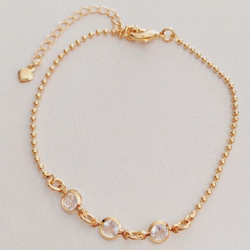 Pulseira Corrente de Bolinha e 3 Zircônias Centrais