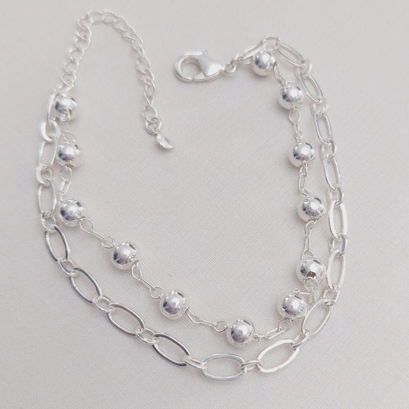 Pulseira Dupla - Bolinha e Elos Losango