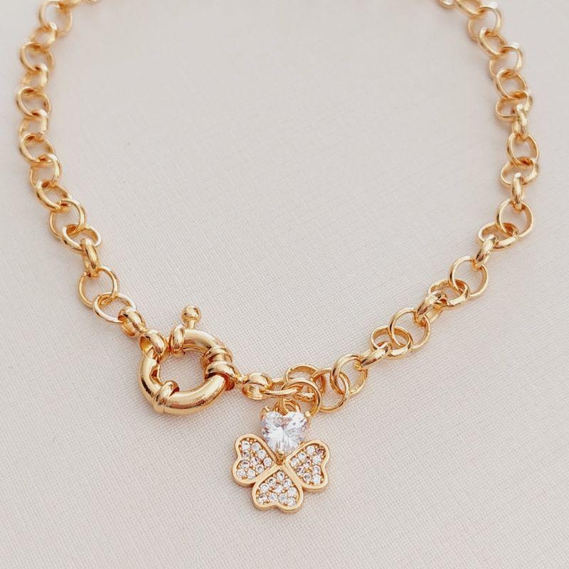 Pulseira Elo Português com Pingente de Trevo e Fecho Bóia