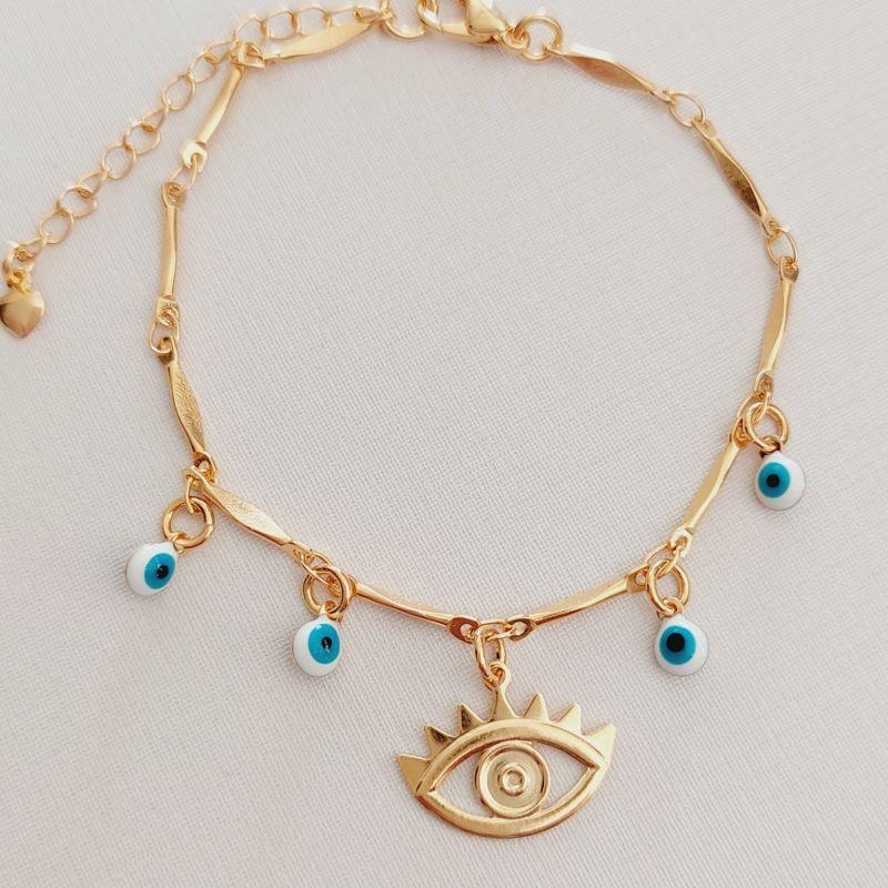 Pulseira Olho Grego Placa e Pingentes