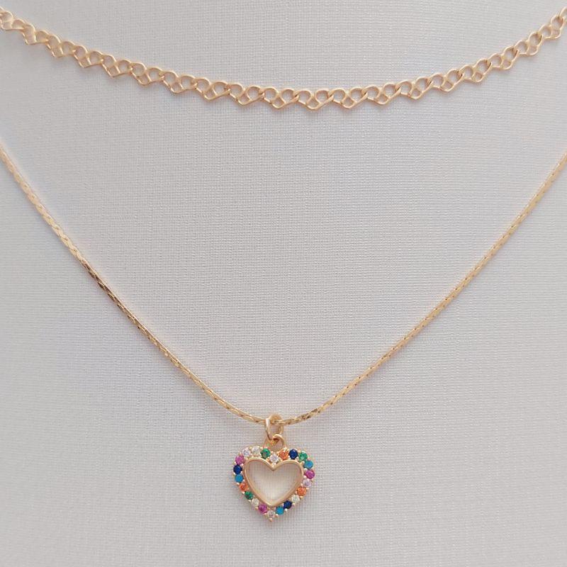 Colar Duplo - Veneziana com Pingente Coração Color e Choker Elo Coração