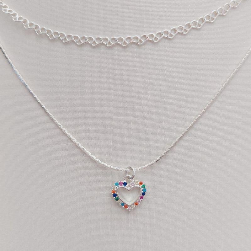 Colar Duplo - Veneziana com Pingente Coração Color e Choker Elo Coração