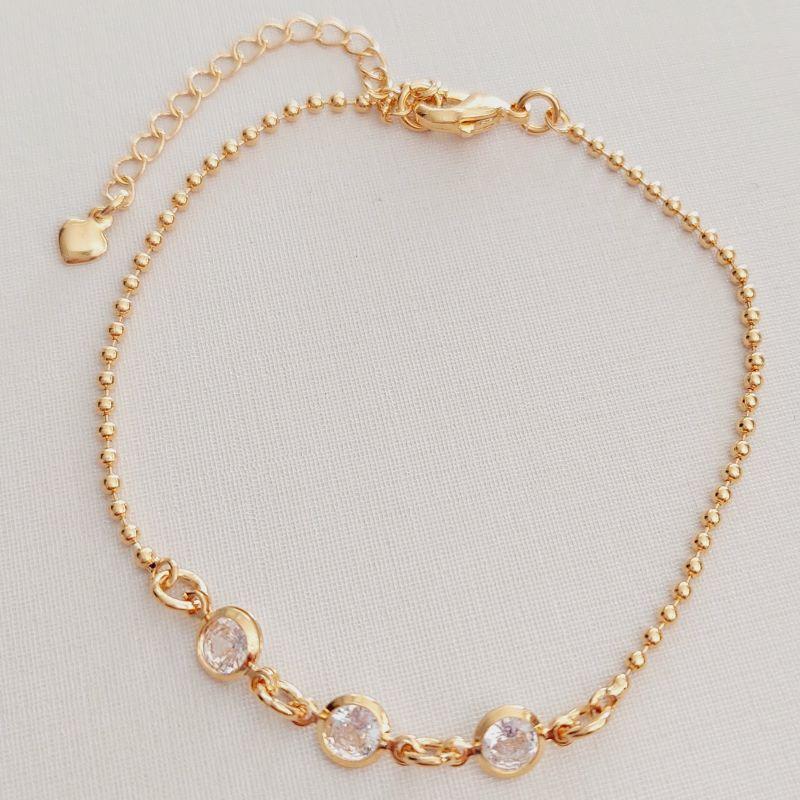 Pulseira Corrente de Bolinha e 3 Zircônias Centrais